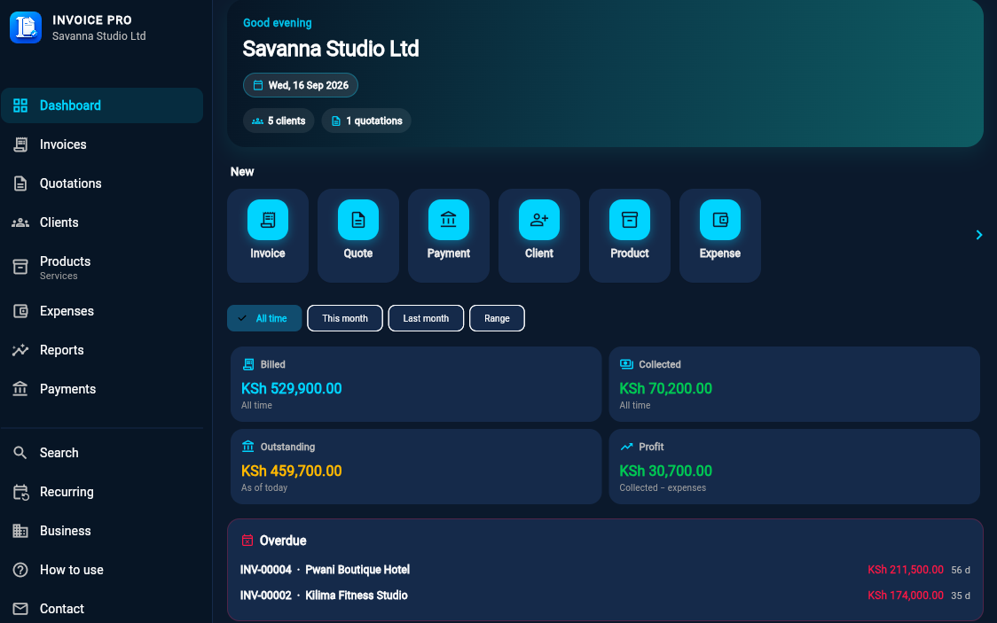 Invoice Pro dashboard