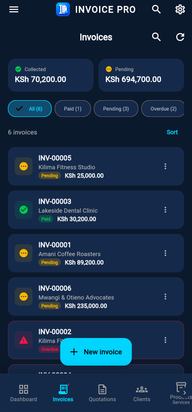 Invoice list with paid, pending and overdue invoices on a phone